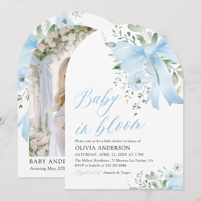 Blue Bow Baby i Bloom Blommigt Boy Arch Baby Showe Inbjudningar (Fram/baksida)