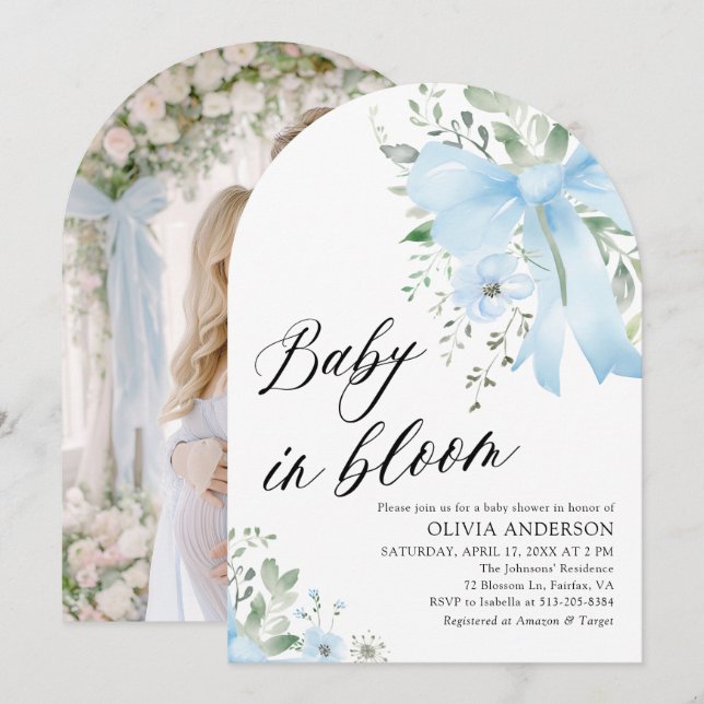 Blue Bow Baby i Bloom Blommigt Boy Arch Baby Showe Inbjudningar (Fram/baksida)