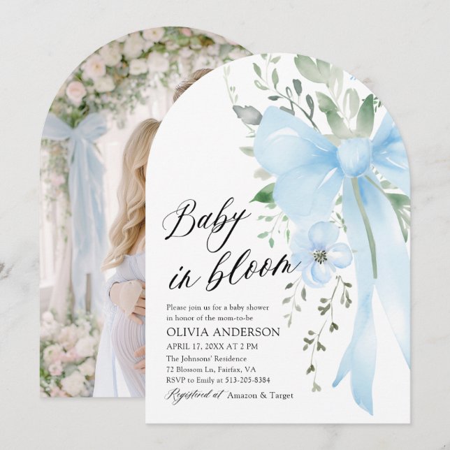 Blue Bow Baby i Bloom Blommigt Boy Arch Baby Showe Inbjudningar (Fram/baksida)