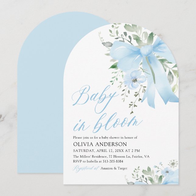 Blue Bow Baby i Bloom Blommigt Boy Arch Baby Showe Inbjudningar (Fram/baksida)