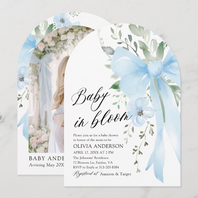 Blue Bow Baby i Bloom Blommigt Boy Arch Baby Showe Inbjudningar (Fram/baksida)