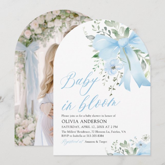 Blue Bow Baby i Bloom Blommigt Boy Arch Baby Showe Inbjudningar (Fram/baksida)