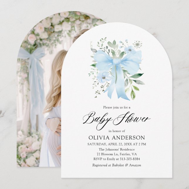 Blue Bow Baby i Bloom Blommigt Boy Shower Inbjudningar (Fram/baksida)