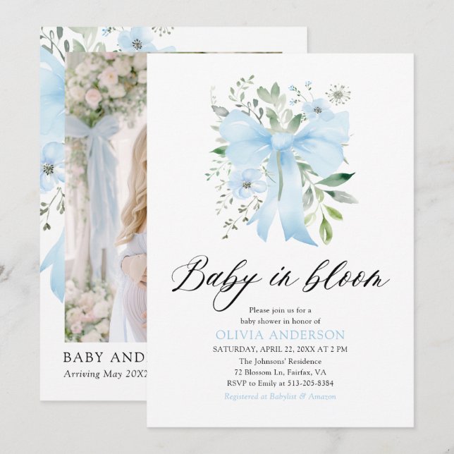 Blue Bow Baby i Bloom Blommigt Boy Shower Inbjudningar (Fram/baksida)