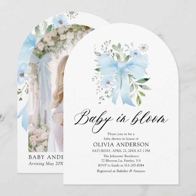 Blue Bow Baby i Bloom Blommigt Boy Shower Inbjudningar (Fram/baksida)