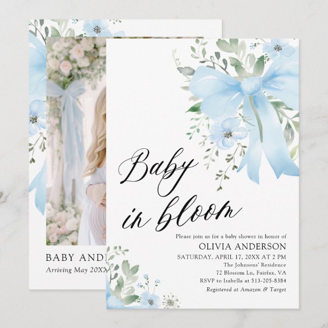 Blue Bow Baby i Bloom Blommigt Boy Shower Inbjudningar (Fram/baksida)