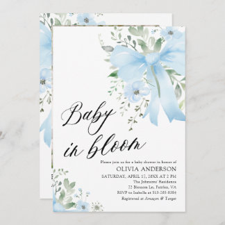 Blue Bow Baby i Bloom Blommigt Boy Shower Inbjudningar