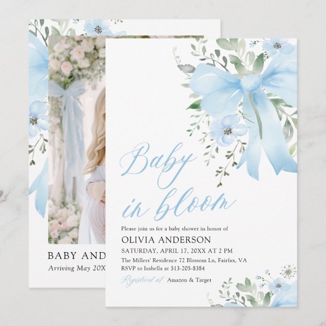 Blue Bow Baby i Bloom Blommigt Boy Shower Inbjudningar (Fram/baksida)