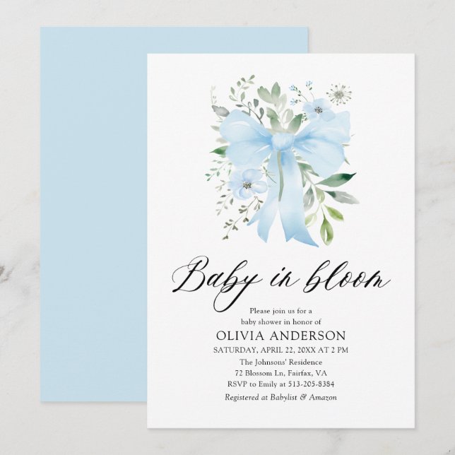 Blue Bow Baby i Bloom Blommigt Boy Shower Inbjudningar (Fram/baksida)