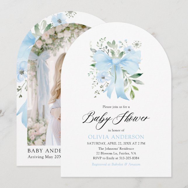Blue Bow Baby i Bloom Blommigt Boy Shower Inbjudningar (Fram/baksida)