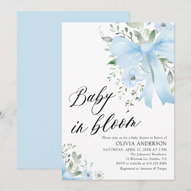Blue Bow Baby i Bloom Blommigt Boy Shower Inbjudningar (Fram/baksida)