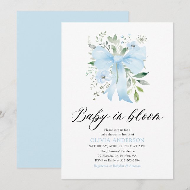 Blue Bow Baby i Bloom Blommigt Boy Shower Inbjudningar (Fram/baksida)