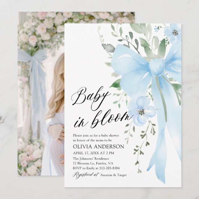 Blue Bow Baby i Bloom Blommigt Boy Shower Inbjudningar (Fram/baksida)