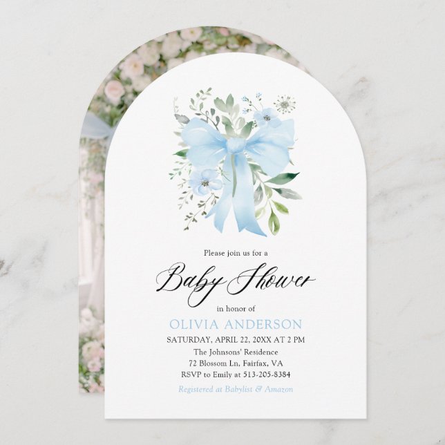Blue Bow Baby i Bloom Blommigt Boy Shower Inbjudningar (Fram/baksida)