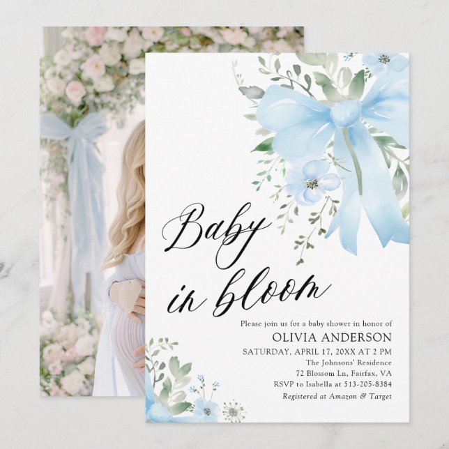 Blue Bow Baby i Bloom Blommigt Boy Shower Inbjudningar (Fram/baksida)