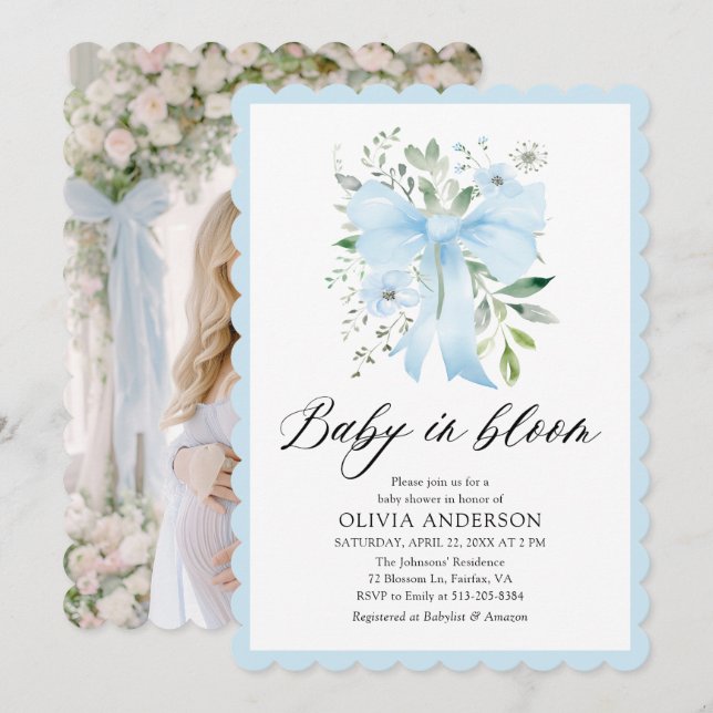 Blue Bow Baby i Bloom Blommigt Boy Shower Inbjudningar (Fram/baksida)