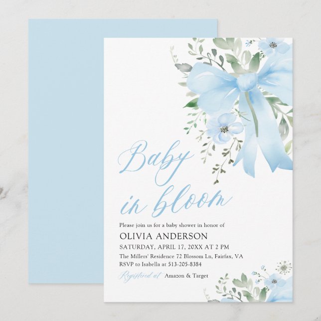 Blue Bow Baby i Bloom Blommigt Boy Shower Inbjudningar (Fram/baksida)