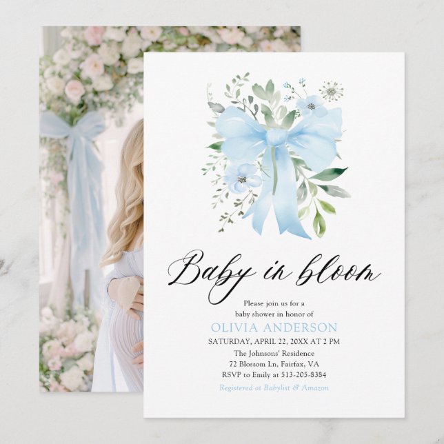 Blue Bow Baby i Bloom Blommigt Boy Shower Inbjudningar (Fram/baksida)