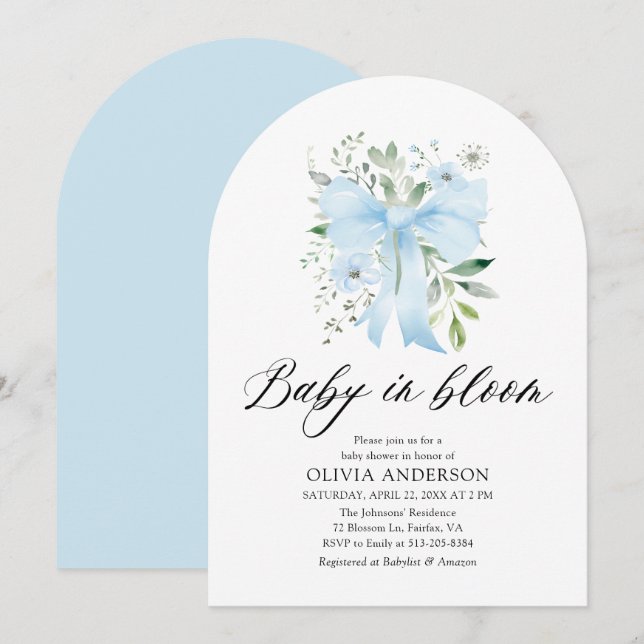Blue Bow Baby i Bloom Blommigt Boy Shower Inbjudningar (Fram/baksida)