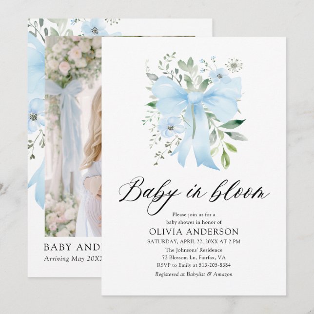 Blue Bow Baby i Bloom Blommigt Boy Shower Inbjudningar (Fram/baksida)