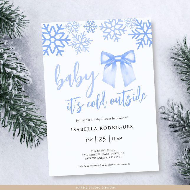 Blue Bow Baby Its Cold Outside Baby Shower Inbjudningar (Front of invite shown in 5 x 7 inches with square corners. Personalize, choose corner + paper style.)