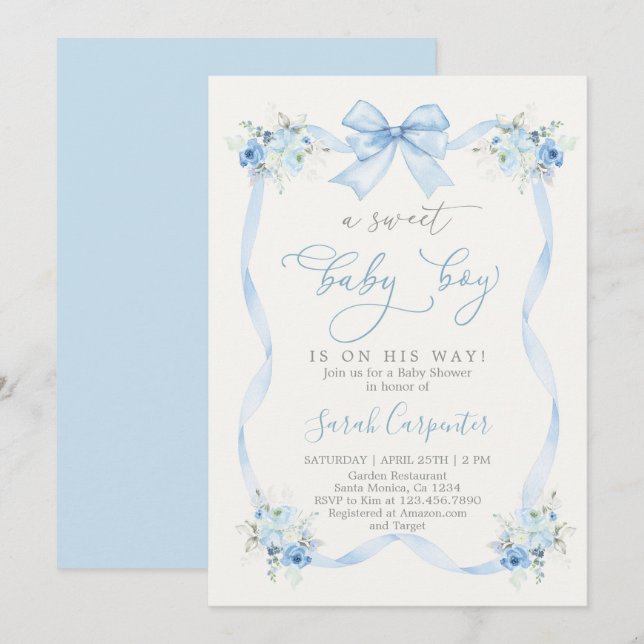 Blue Bow Baby Shower Boy Inbjudningar (Fram/baksida)