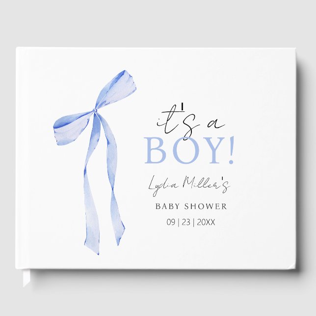 Blue Bow Baby Shower-inbjudan, Boy Baby Shower Gästböcker (Framsida)