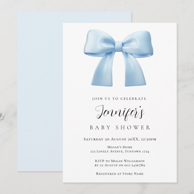 Blue Bow Baby Shower invitation Inbjudningar (Fram/baksida)