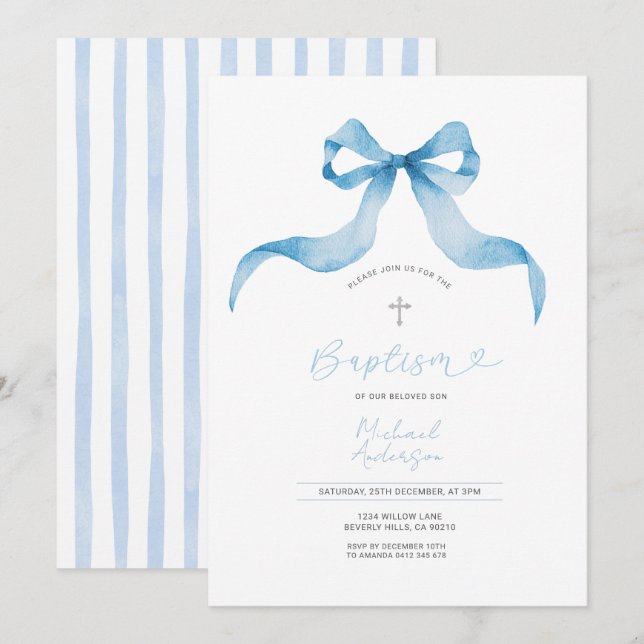 Blue Bow Baptism Invitation Baby Boy Baptism  Inbjudningar (Fram/baksida)