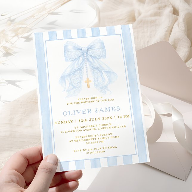 Blue Bow Baptism Invitation Inbjudningar (Skapare uppladdad)
