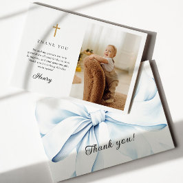 Blue Bow Baptism Photo Flat Thank You Card Tack Kort
