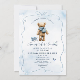 Blue Bow Bear Baby Shoes Boy Baby Shower Inbjudningar