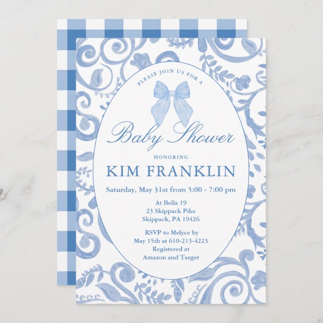 Blue Bow Blommigt Coquette Gingham Boy Shower Inbjudningar (Fram/baksida)