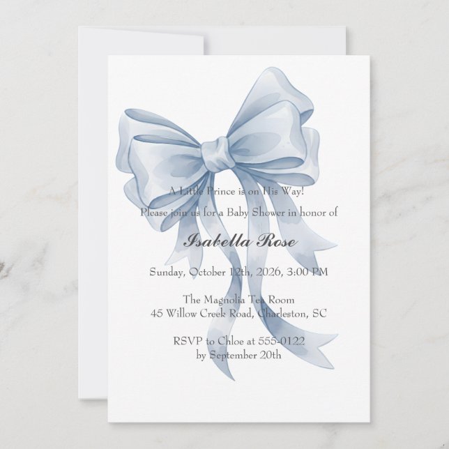 Blue Bow Boy Baby Shower Invitation Coquette Inbjudningar (Framsida)