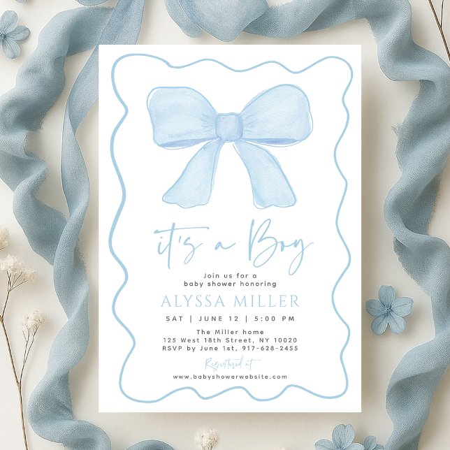 Blue Bow Boy Coquette Baby Shower-inbjudan Inbjudningar (Skapare uppladdad)