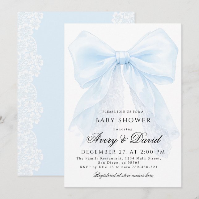Blue Bow boy Modern Baby Shower  Inbjudningar (Fram/baksida)