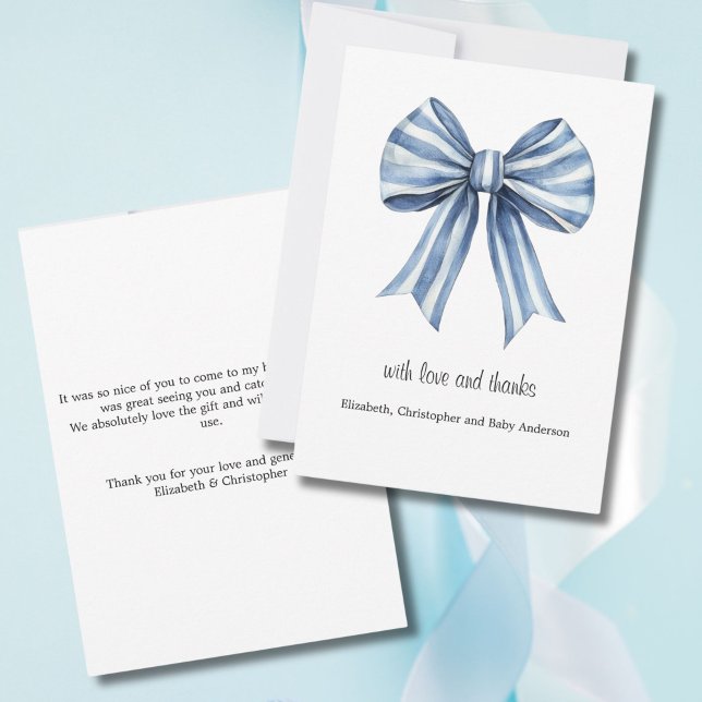 Blue Bow Boy Shower Tack för kortet Kort (Blue Bow Baby Shower Thank you card. Classic and Elegant. With Love and Thanks)