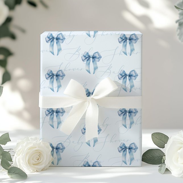 Blue Bow calligraphy modern Baby Shower Presentpapper (Skapare uppladdad)