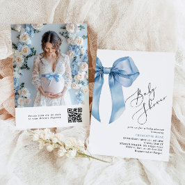 Blue Bow calligraphy Photo QR-kod Baby Shower Inbjudningar