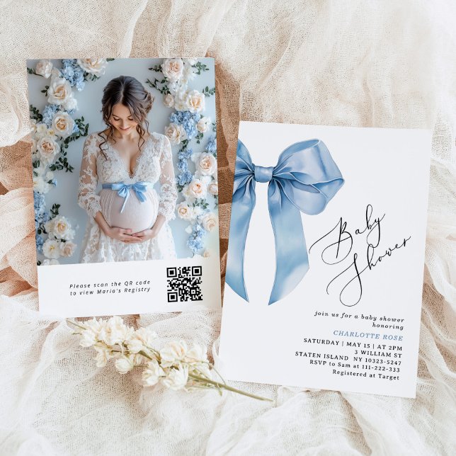 Blue Bow calligraphy Photo QR-kod Baby Shower Inbjudningar (Skapare uppladdad)