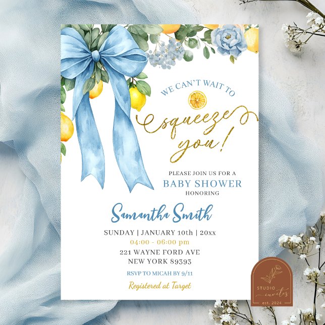 Blue Bow Can't Wait to Squeeze You Baby Shower Inbjudningar (Skapare uppladdad)