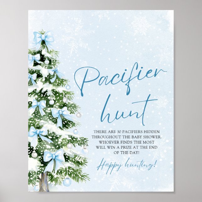 Blue Bow Christmas Tree Baby Shower Pacifier Hunt Poster (Framsidan)