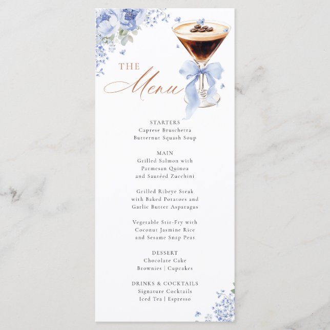 Blue Bow Coffee Bridal Shower Menu Card Meny (Framsida)