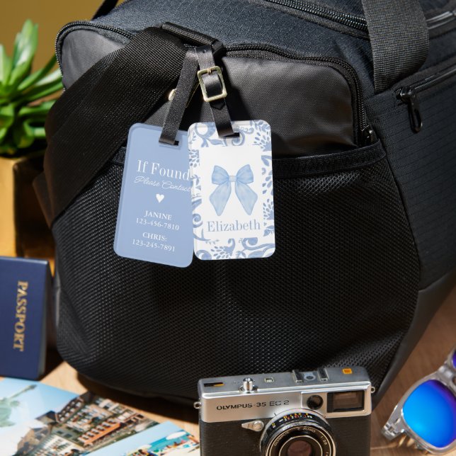 Blue Bow Coquette Aesthetic Kids School Bag Märkre Bagagebricka (Fram & Baksida)