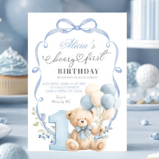 Blue Bow Coquette Beary First Birthday Inbjudningar