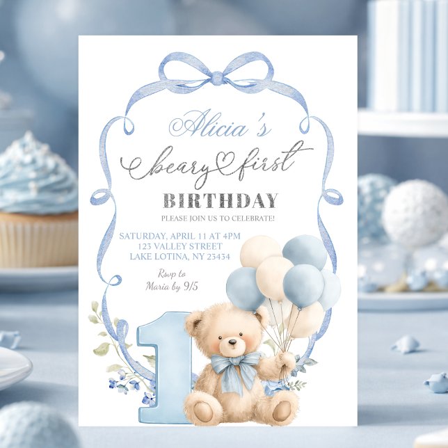 Blue Bow Coquette Beary First Birthday Inbjudningar (Skapare uppladdad)