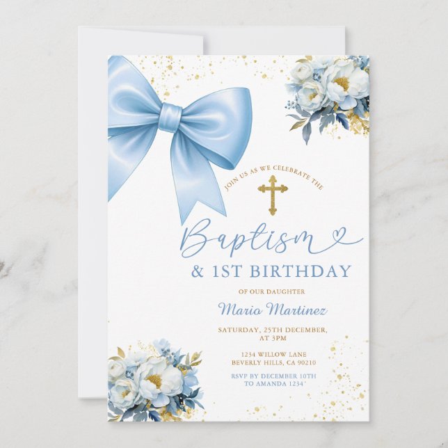 Blue Bow Coquette Girl Baptism and Birthday Floral Inbjudningar (Framsida)