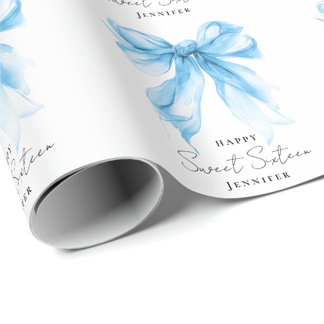 Blue Bow Coquette Script Sweet 16 Party  Presentpapper (Rullad Hörn)