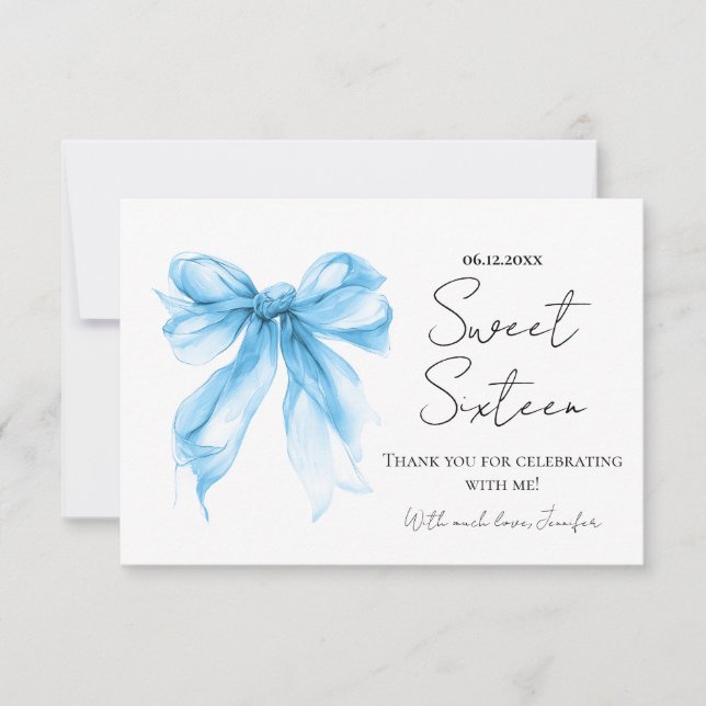 Blue Bow Coquette Script Sweet 16 Thank You  Tack Kort (Framsida)