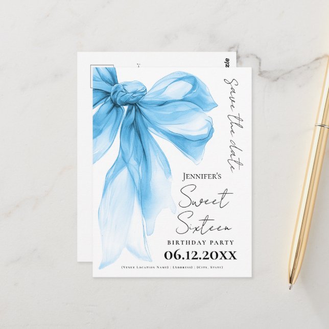 Blue Bow Coquette Sweet 16 Save the Date  Vykort (Fram/Back In Situ)